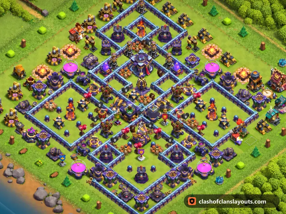 TH15 Trophy Base Layout 82: Clash of Clans Town Hall 15 trophy base layout, full base picture