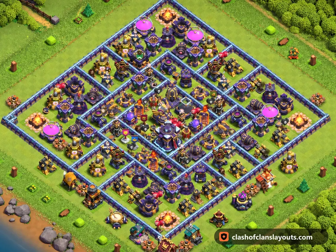 Trophäenbase TH15 92: Clash of Clans Trophäenbase für Rathaus 15, komplettes Bild der Base