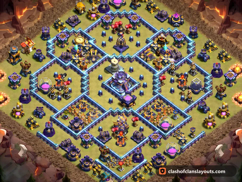 TH15 War Base Layout 140: Clash of Clans Town Hall 15 war base layout, full base picture