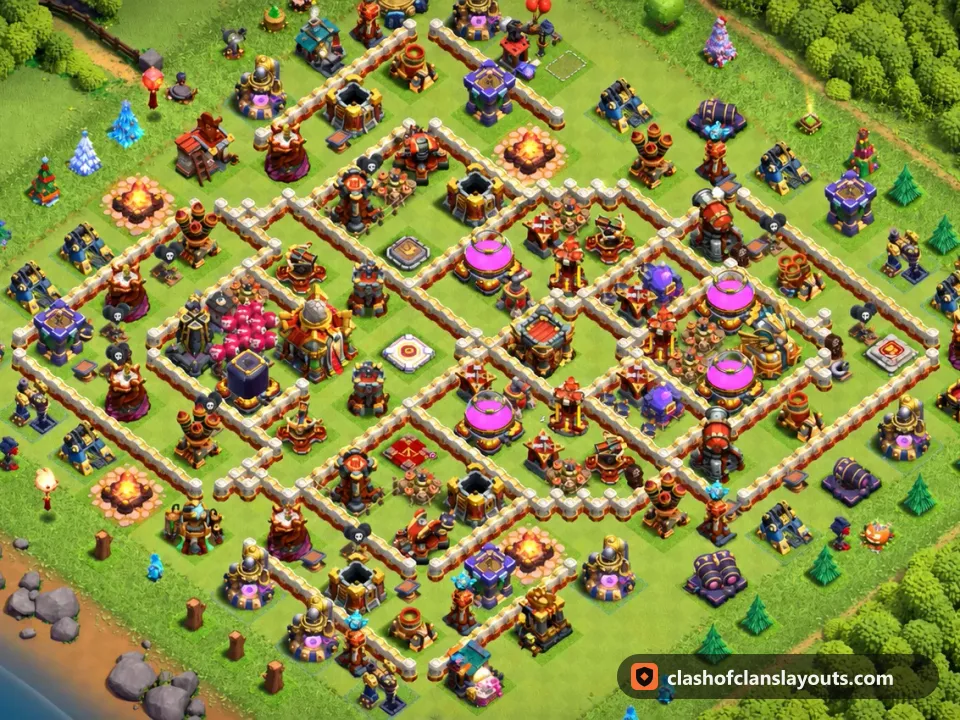 TH16 Hybrid Base Layout 11: Clash of Clans Town Hall 16 hybrid base layout, full base picture