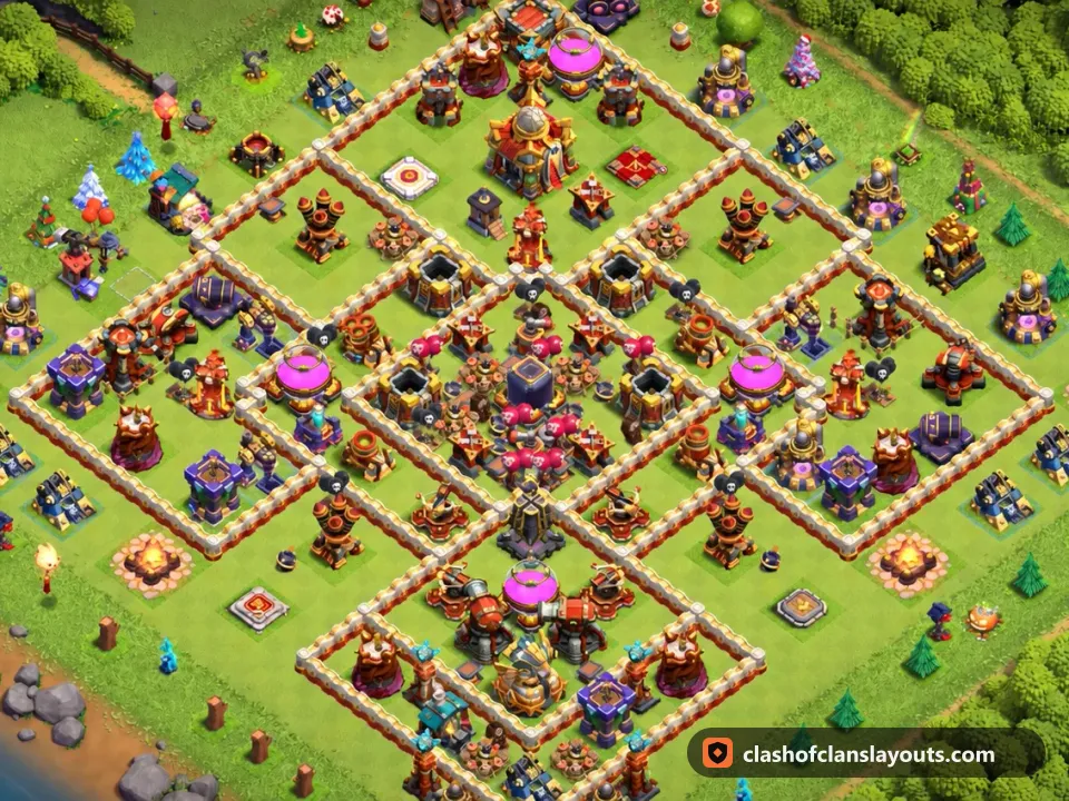 TH16 Hybrid Base Layout 12: Clash of Clans Town Hall 16 hybrid base layout, full base picture