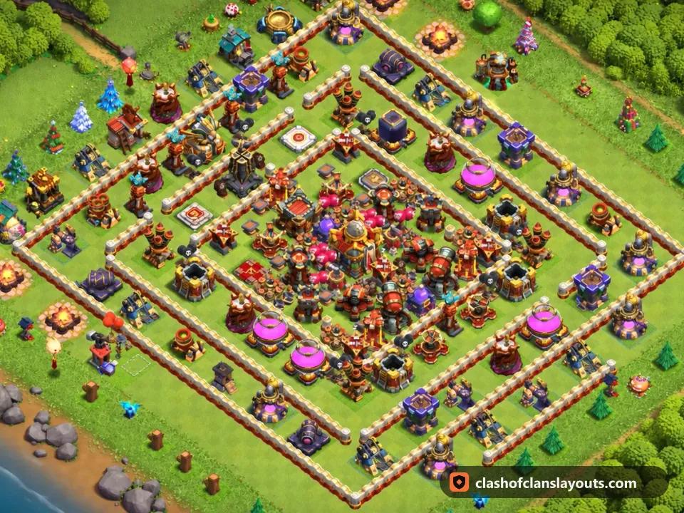 TH16 Hybrid Base Layout 13: Clash of Clans Town Hall 16 hybrid base layout, full base picture