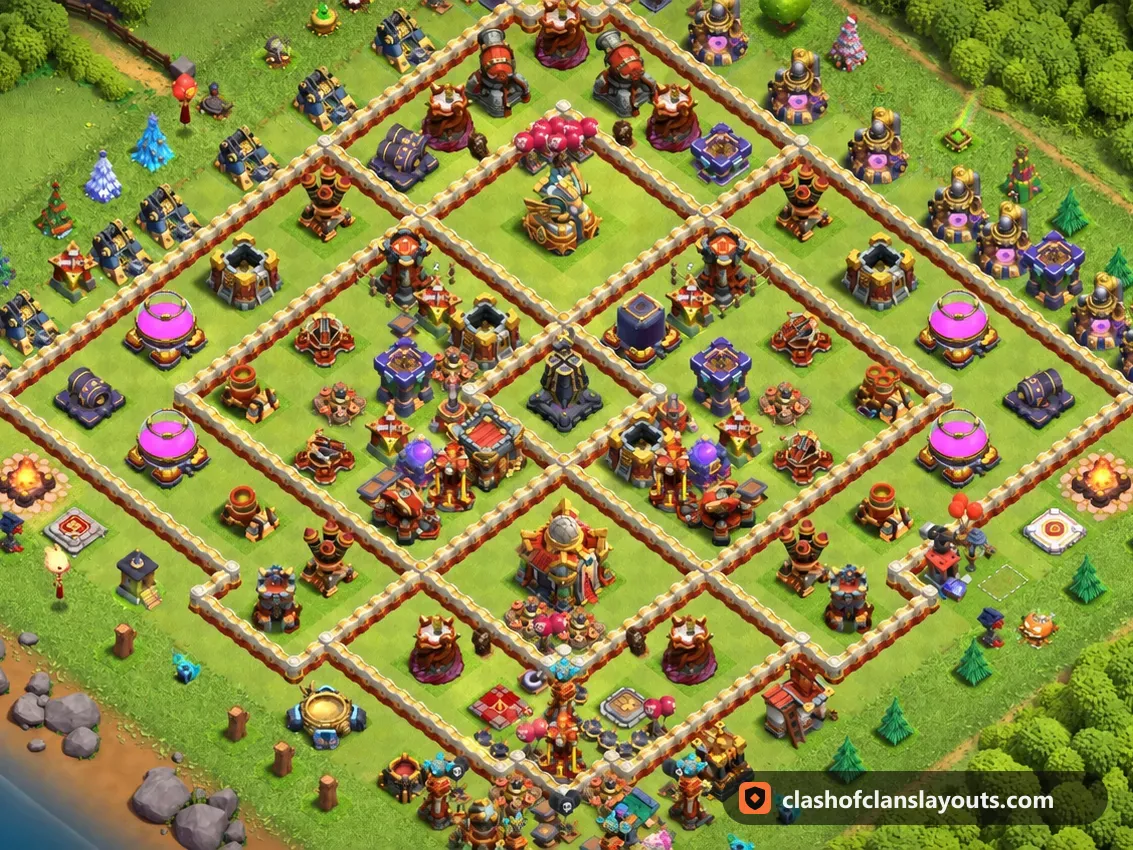 TH16 Hybrid Base Layout 15: Clash of Clans Town Hall 16 hybrid base layout, full base picture