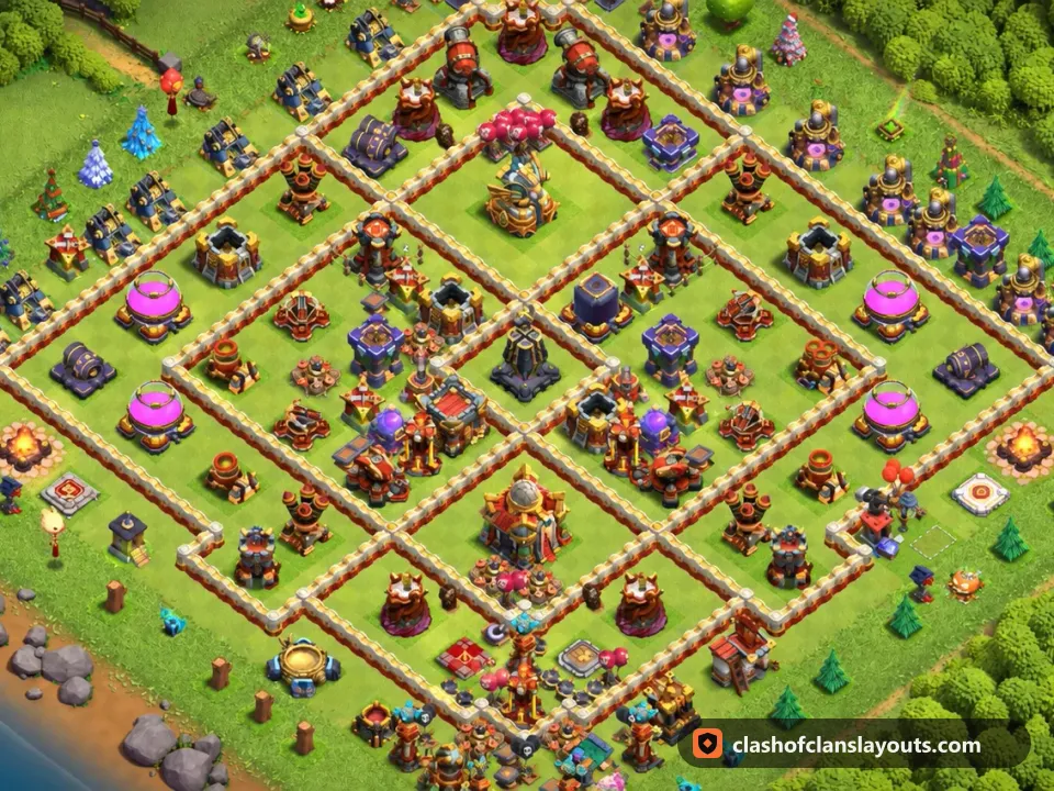 TH16 Hybrid Base Layout 15: Clash of Clans Town Hall 16 hybrid base layout, full base picture