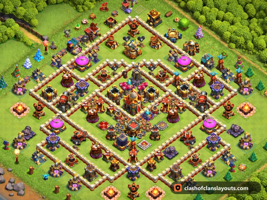 TH16 Hybrid Base Layout 16: Clash of Clans Town Hall 16 hybrid base layout, full base picture