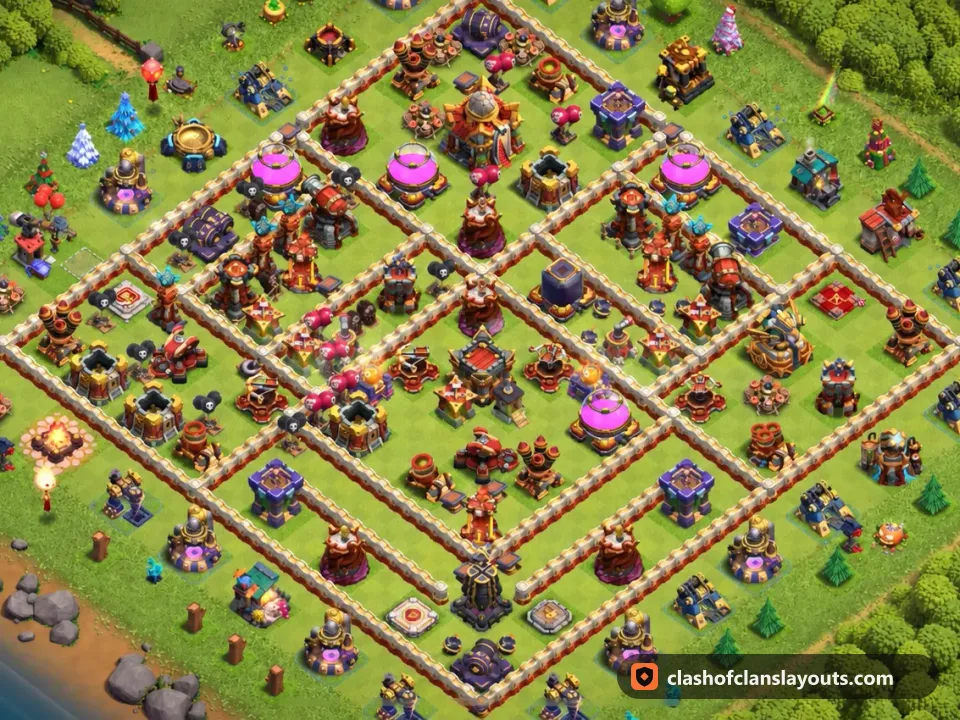 TH16 Hybrid Base Layout 17: Clash of Clans Town Hall 16 hybrid base layout, full base picture