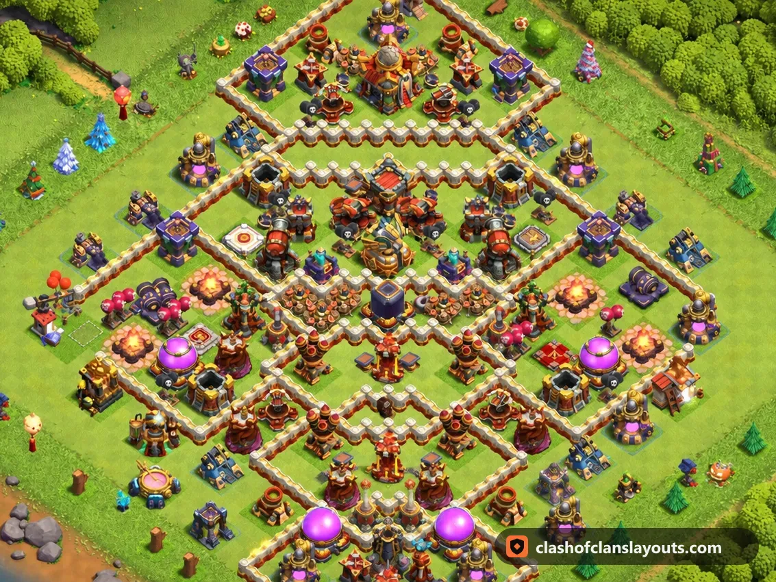TH16 Hybrid Base Layout 18: Clash of Clans Town Hall 16 hybrid base layout, full base picture