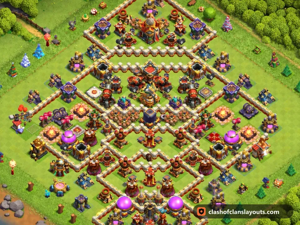 TH16 Hybrid Base Layout 18: Clash of Clans Town Hall 16 hybrid base layout, full base picture