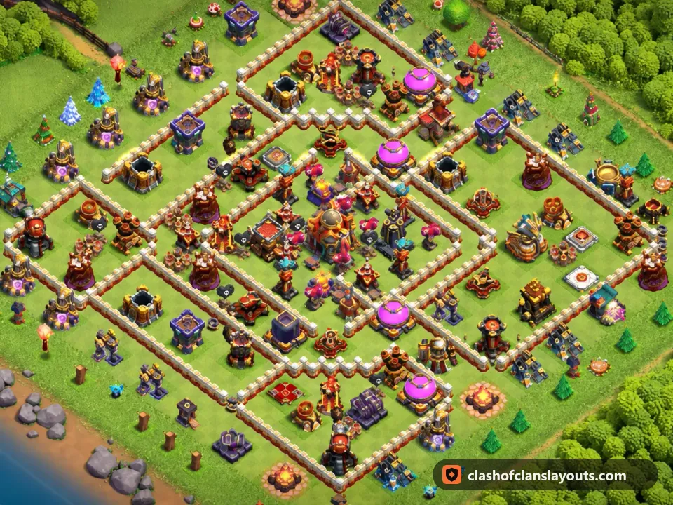 TH16 Hybrid Base Layout 4: Clash of Clans Town Hall 16 hybrid base layout, full base picture