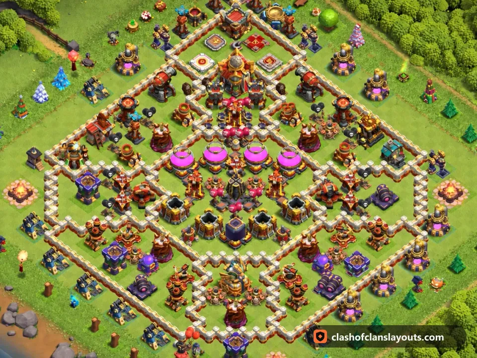 TH16 Hybrid Base Layout 5: Clash of Clans Town Hall 16 hybrid base layout, full base picture