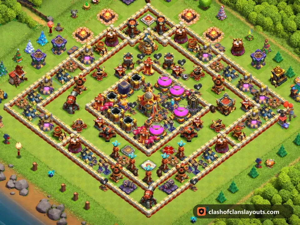 TH16 Hybrid Base Layout 6: Clash of Clans Town Hall 16 hybrid base layout, full base picture