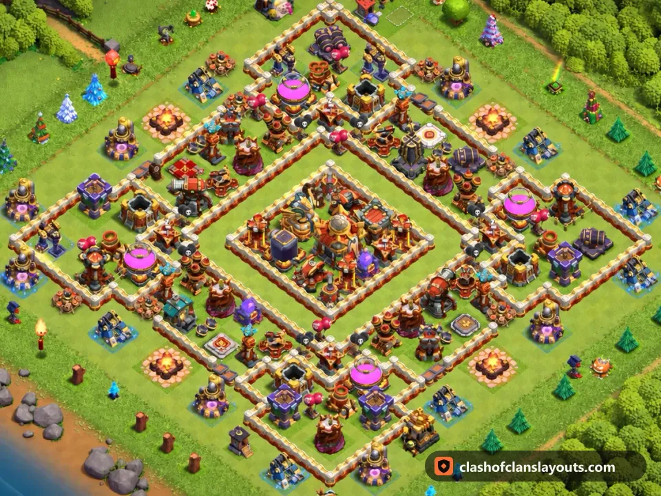 TH16 Hybrid Base Layout 7: Clash of Clans Town Hall 16 hybrid base layout, full base picture