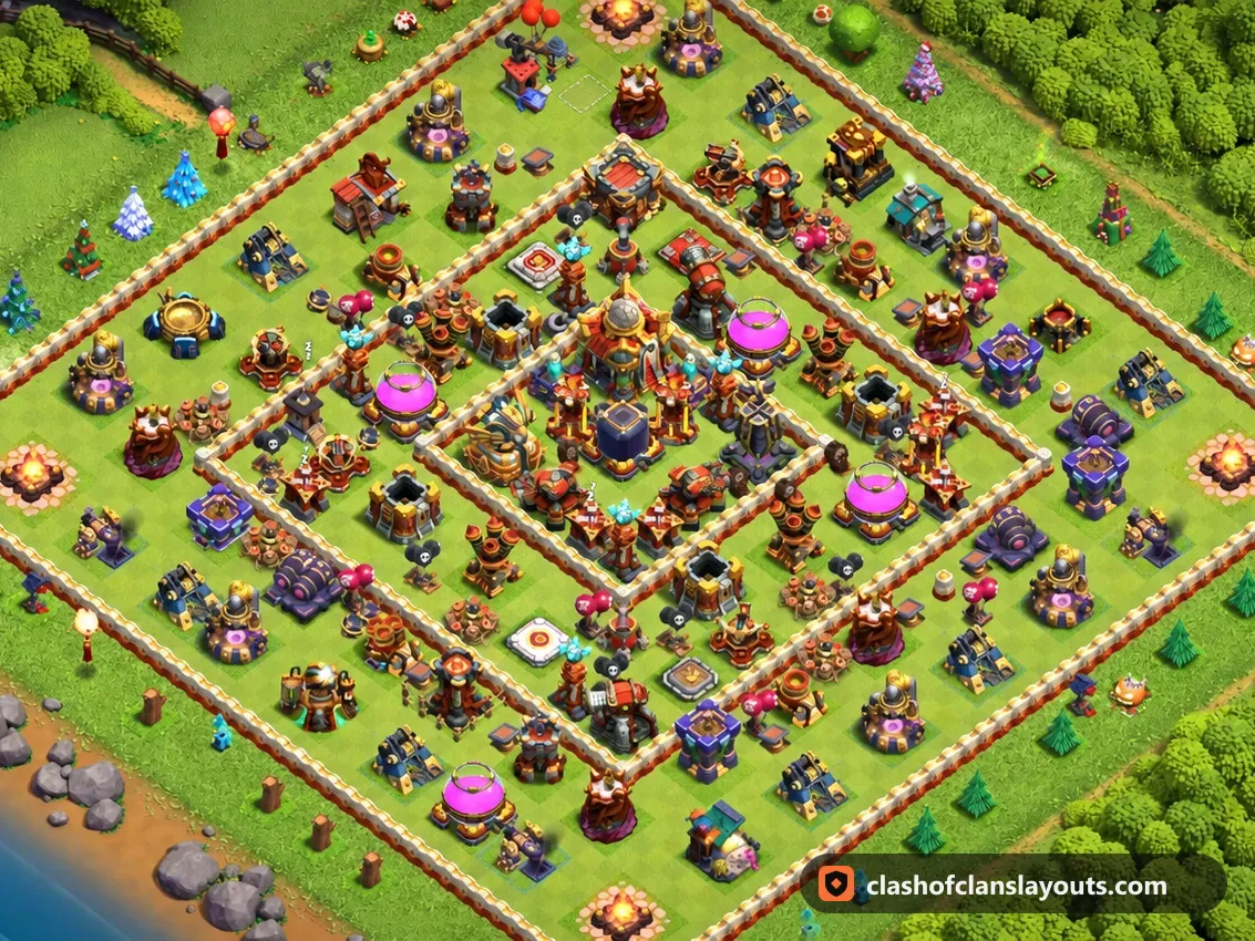 TH16 ハイブリッド配置 8：Clash of Clans タウンホール16のハイブリッド配置、ベース全体の画像