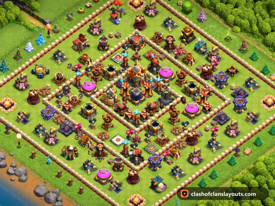 TH16 Hybrid Base Layout 8: Clash of Clans Town Hall 16 hybrid base layout, full base picture