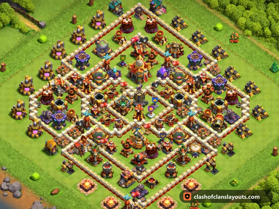 TH16 Trophy Base Layout 69: Clash of Clans Town Hall 16 trophy base layout, full base picture