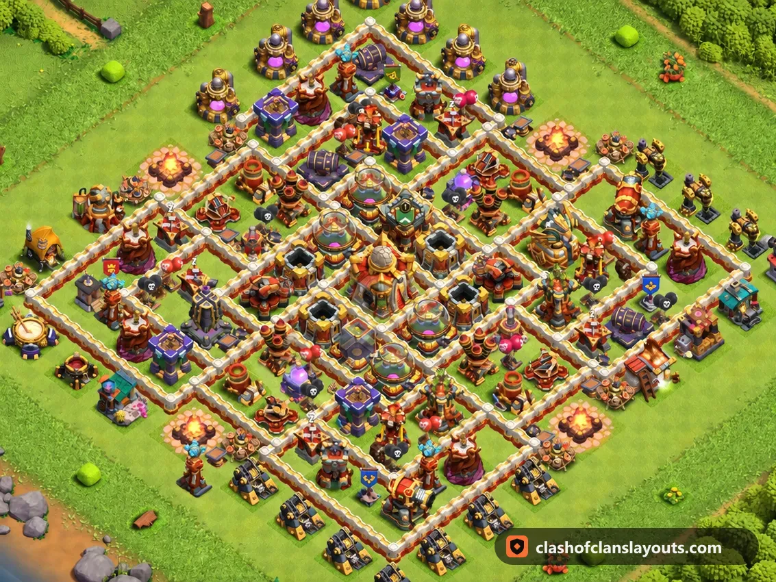 Base de Troféus TH16 70: layout de base de troféus de Clash of Clans para Centro de Vila 16, imagem completa da base