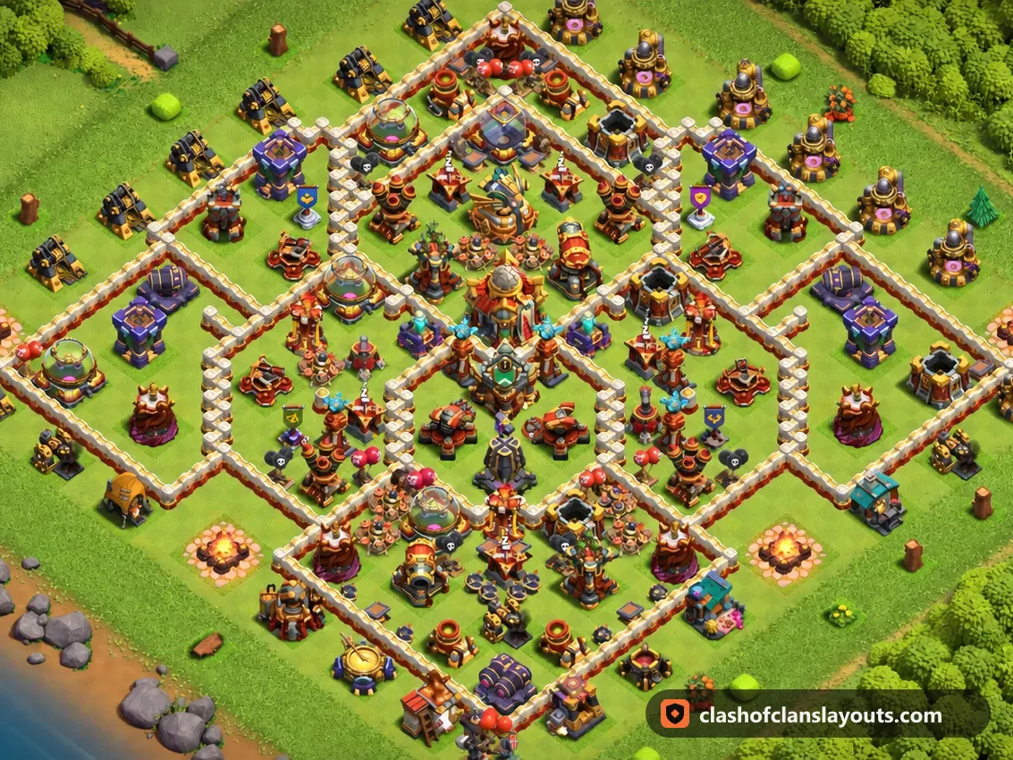 Base de Troféus TH16 71: layout de base de troféus de Clash of Clans para Centro de Vila 16, imagem completa da base