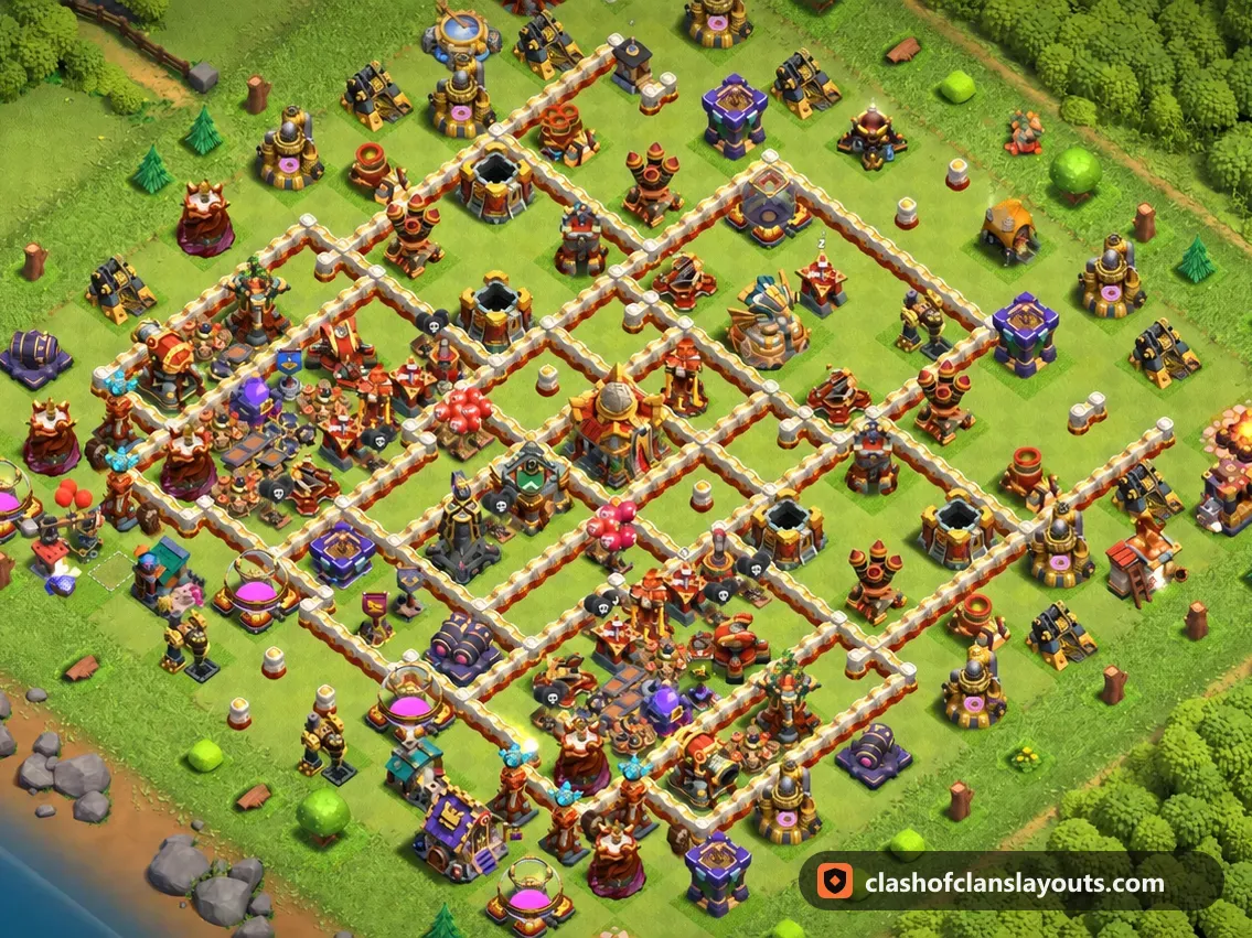 Base de Trophées TH16 73 : plan de base de trophées HDV 16 Clash of Clans, image complète de la base