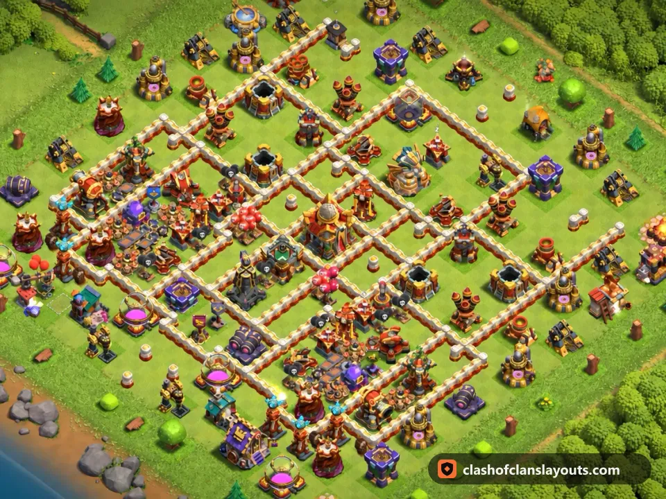 TH16 Trophy Base Layout 73: Clash of Clans Town Hall 16 trophy base layout, full base picture