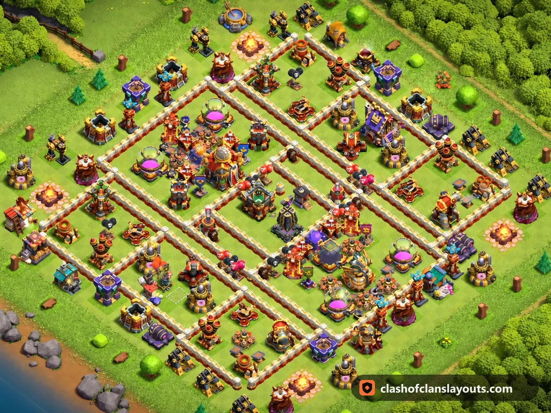 Base de Troféus TH16 74: layout de base de troféus de Clash of Clans para Centro de Vila 16, imagem completa da base