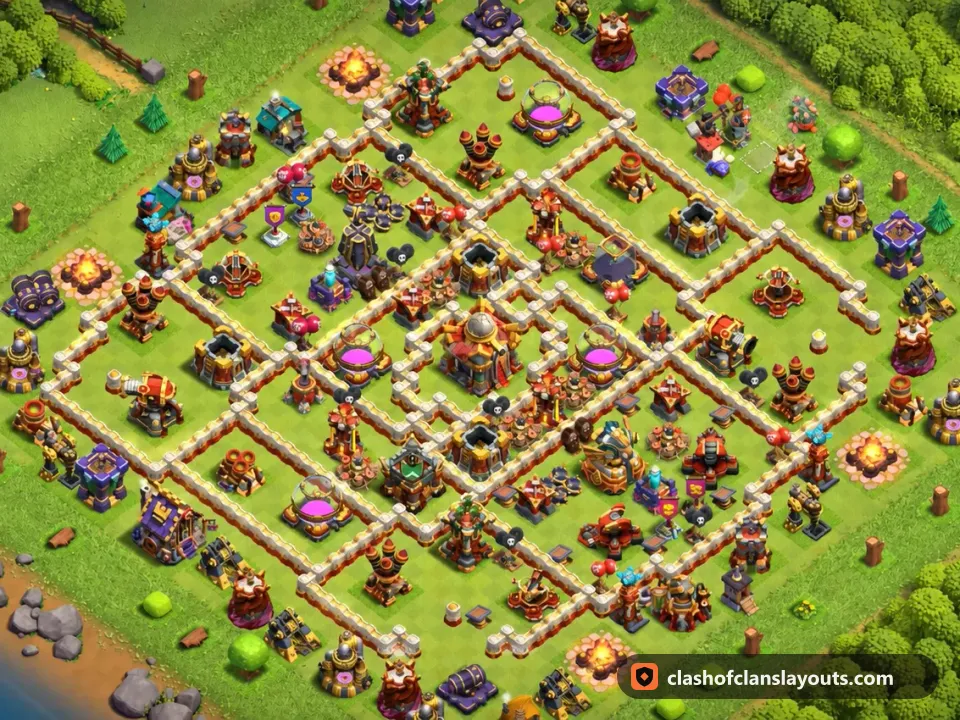 TH16 Trophy Base Layout 75: Clash of Clans Town Hall 16 trophy base layout, full base picture