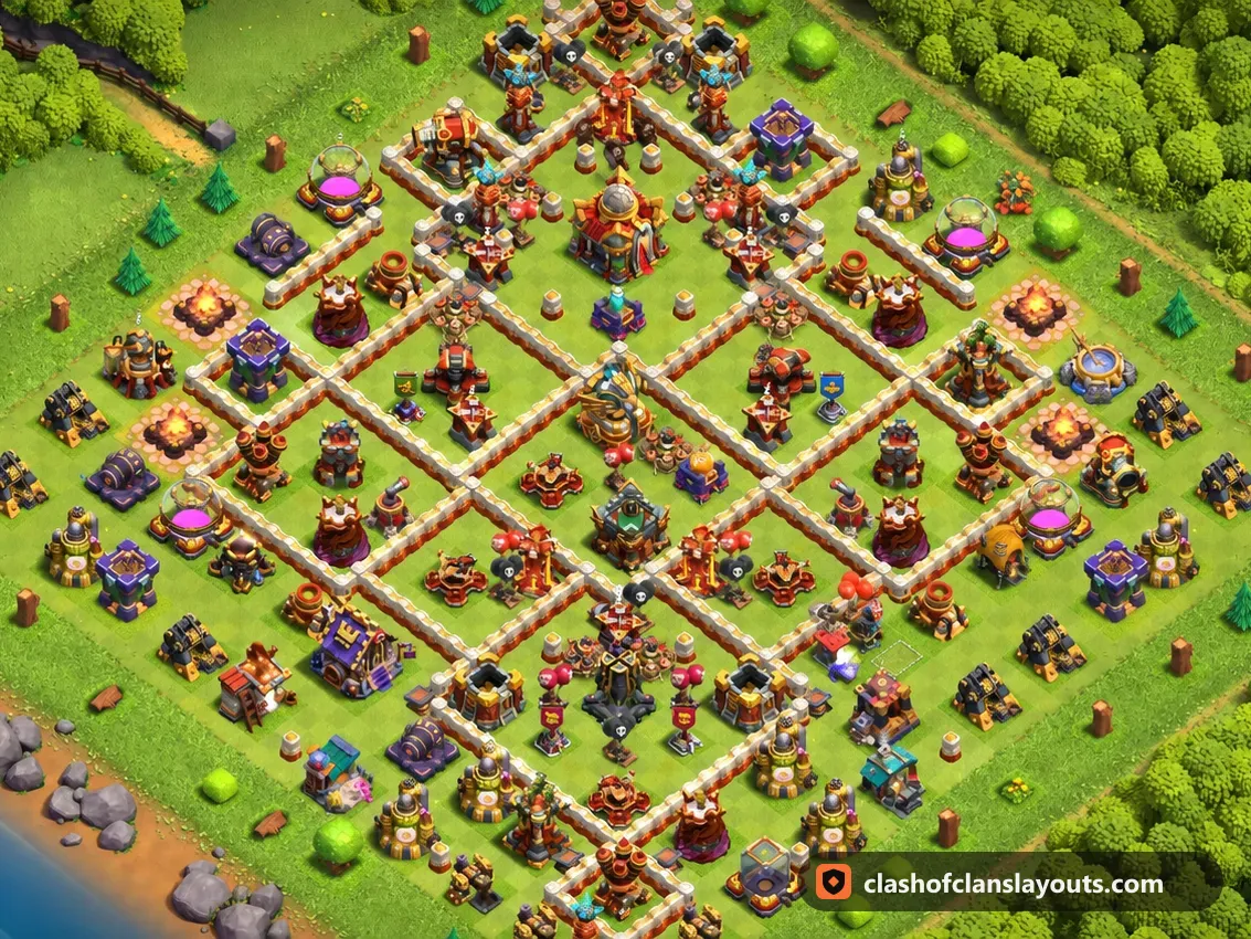 Base de Trophées TH16 76 : plan de base de trophées HDV 16 Clash of Clans, image complète de la base