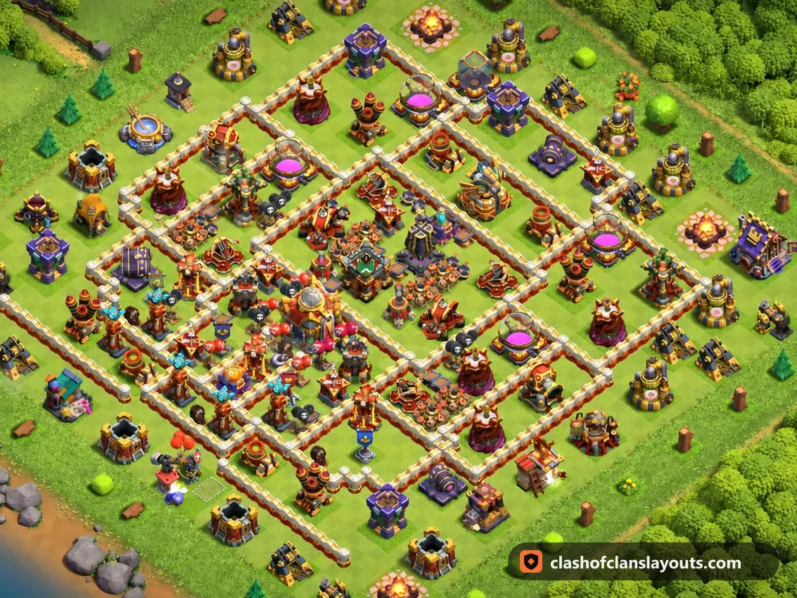 Trophäenbase TH16 78: Clash of Clans Trophäenbase für Rathaus 16, komplettes Bild der Base