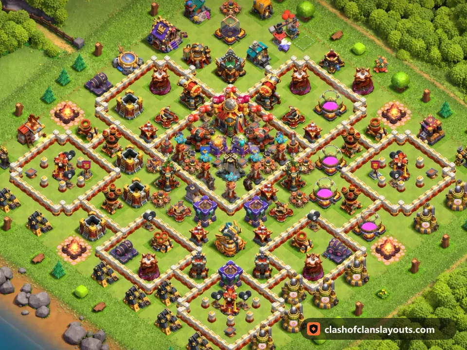 TH16 Trophy Base Layout 80: Clash of Clans Town Hall 16 trophy base layout, full base picture
