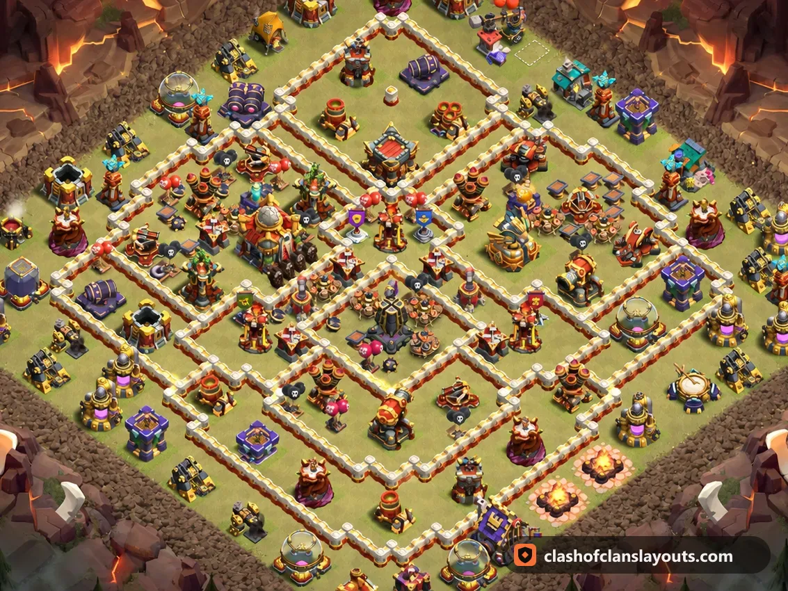 TH16 War Base Layout 124: Clash of Clans Town Hall 16 war base layout, full base picture