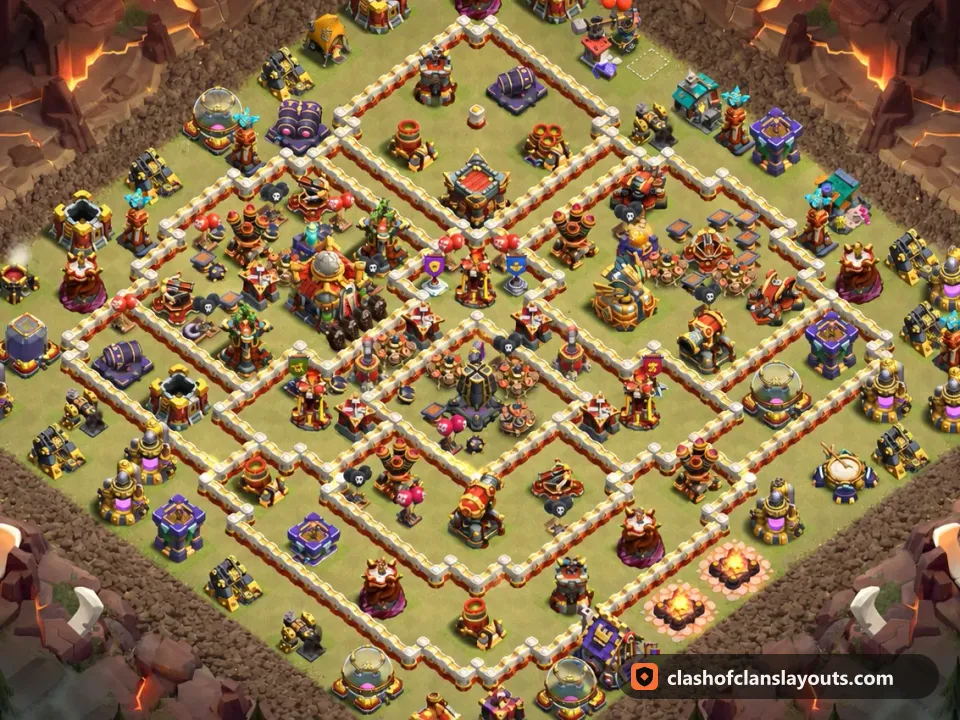 TH16 War Base Layout 124: Clash of Clans Town Hall 16 war base layout, full base picture