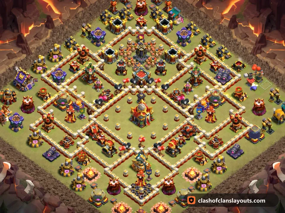 TH16 War Base Layout 127: Clash of Clans Town Hall 16 war base layout, full base picture