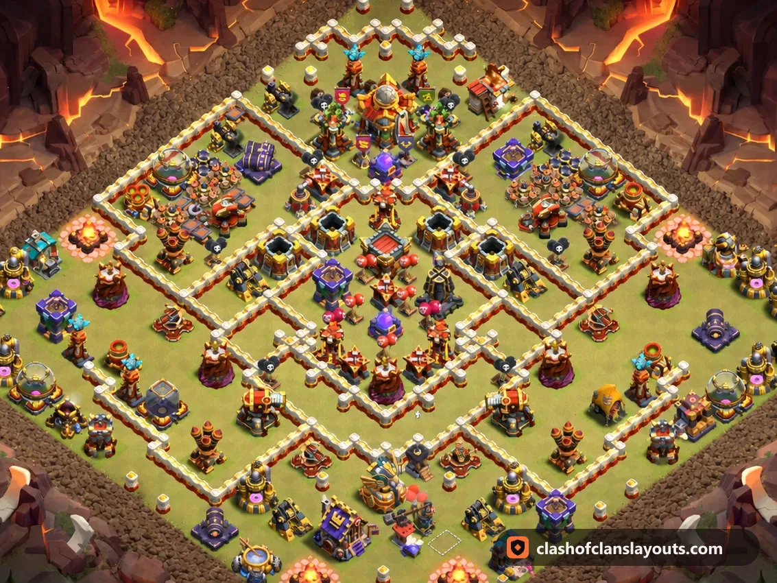 TH16 War Base Layout 129: Clash of Clans Town Hall 16 war base layout, full base picture