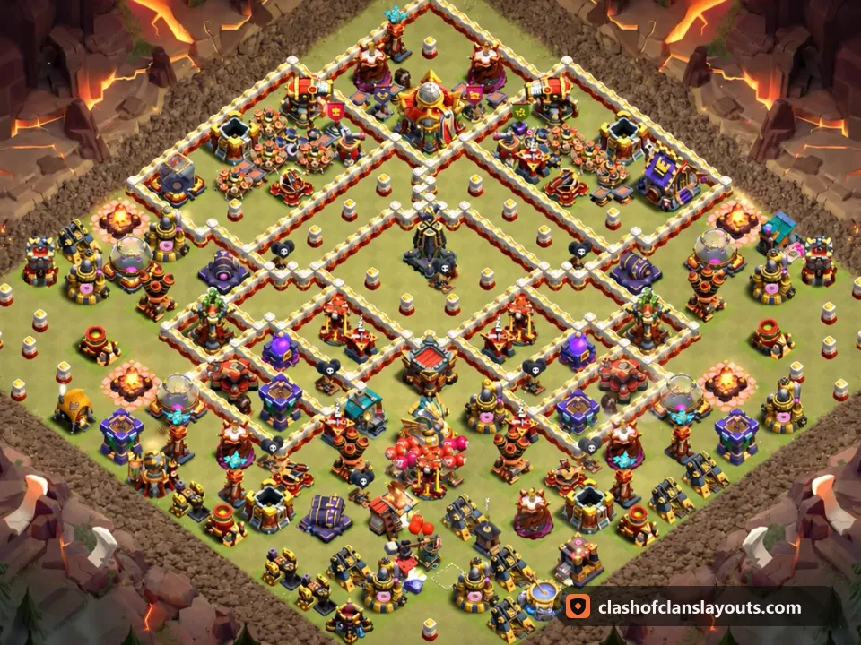 TH16 War Base Layout 130: Clash of Clans Town Hall 16 war base layout, full base picture