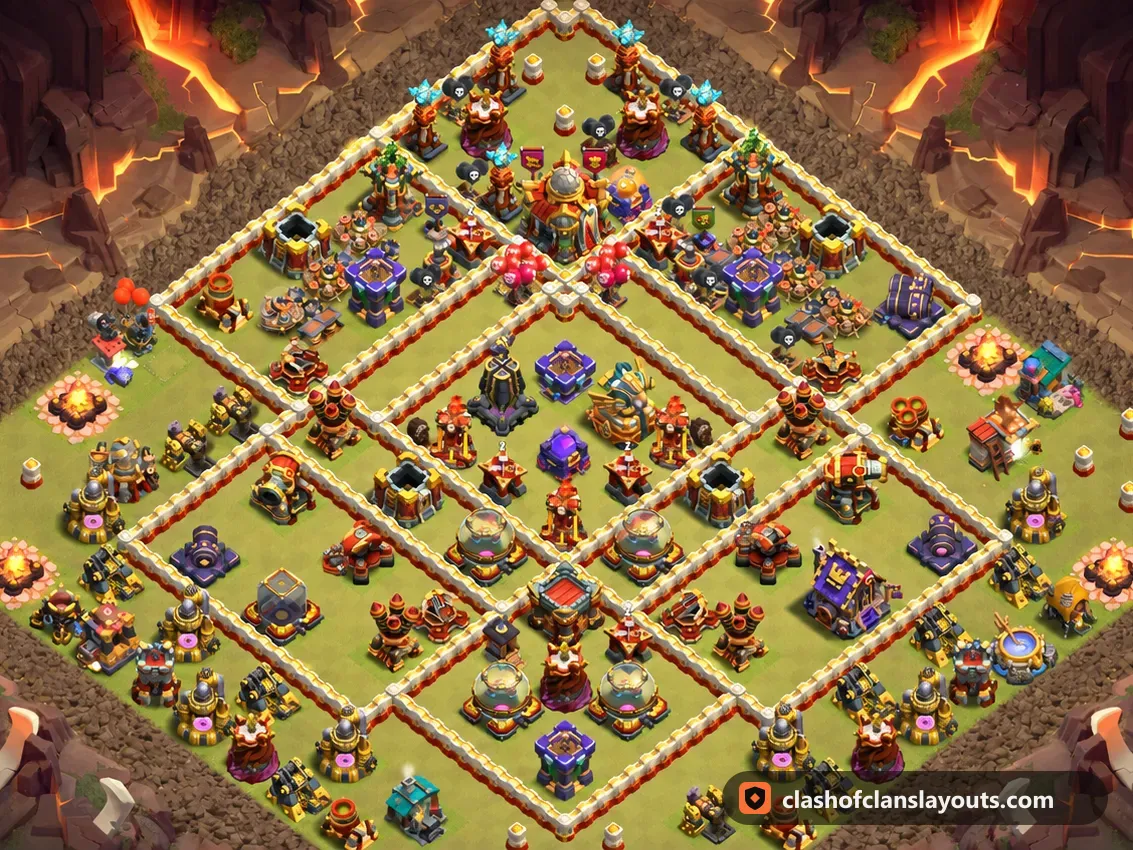TH16 War Base Layout 131: Clash of Clans Town Hall 16 war base layout, full base picture