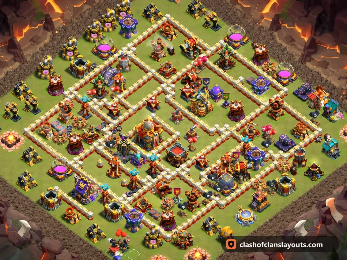 TH16 War Base Layout 132: Clash of Clans Town Hall 16 war base layout, full base picture