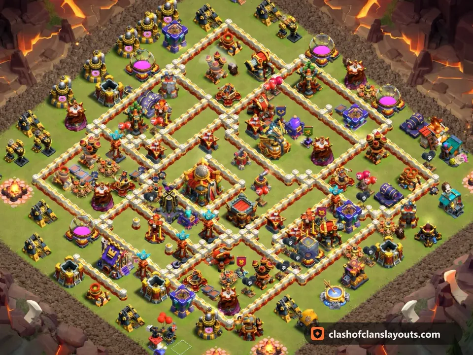 TH16 War Base Layout 132: Clash of Clans Town Hall 16 war base layout, full base picture