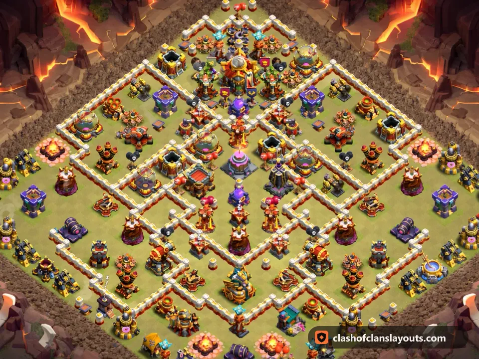TH16 War Base Layout 135: Clash of Clans Town Hall 16 war base layout, full base picture