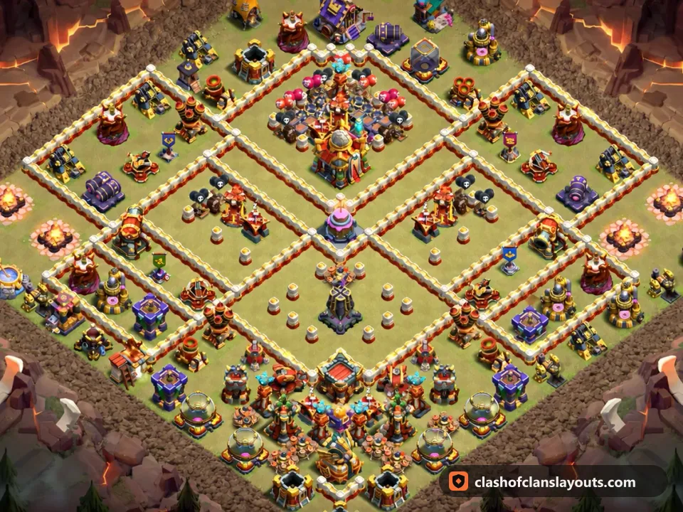 TH16 War Base Layout 138: Clash of Clans Town Hall 16 war base layout, full base picture