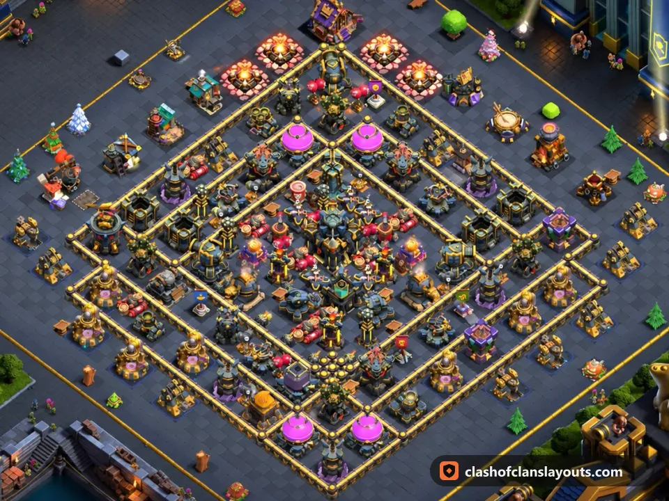 TH17 Hybrid Base Layout 11: Clash of Clans Town Hall 17 hybrid base layout, full base picture
