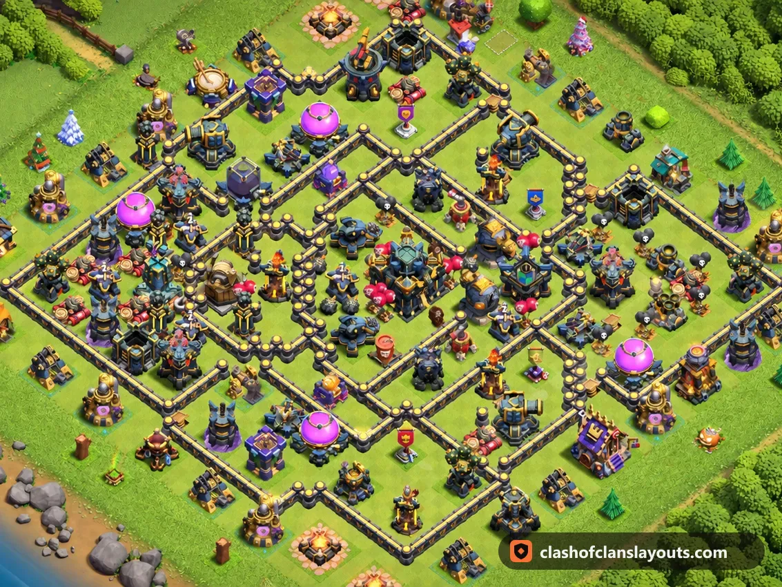 Base Hybride TH17 12 : plan de base hybride HDV 17 Clash of Clans, image complète de la base