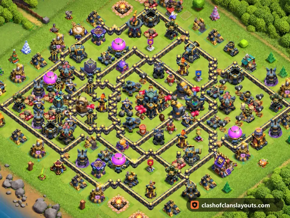 TH17 Hybrid Base Layout 12: Clash of Clans Town Hall 17 hybrid base layout, full base picture