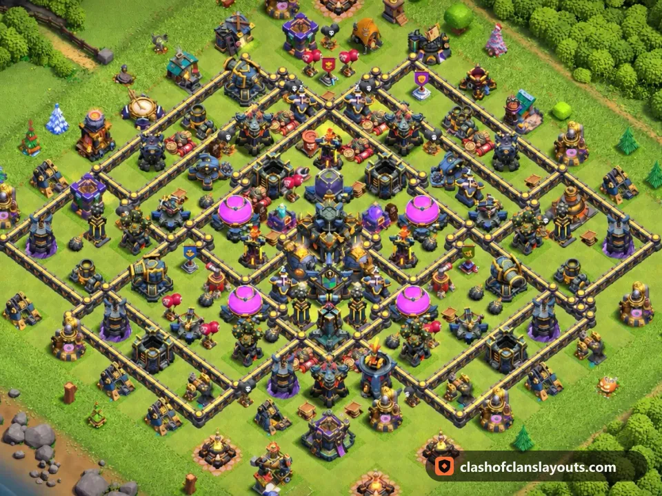 TH17 Hybrid Base Layout 13: Clash of Clans Town Hall 17 hybrid base layout, full base picture