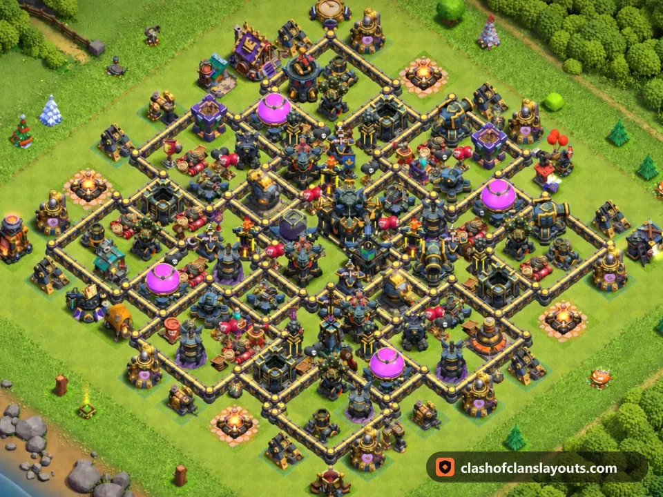 TH17 Hybrid Base Layout 14: Clash of Clans Town Hall 17 hybrid base layout, full base picture