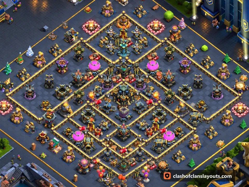 TH17 Hybrid Base Layout 16: Clash of Clans Town Hall 17 hybrid base layout, full base picture