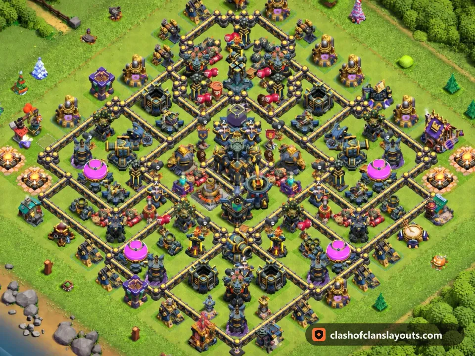 TH17 Hybrid Base Layout 17: Clash of Clans Town Hall 17 hybrid base layout, full base picture