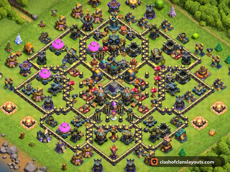 TH17 Hybrid Base Layout 18: Clash of Clans Town Hall 17 hybrid base layout, full base picture