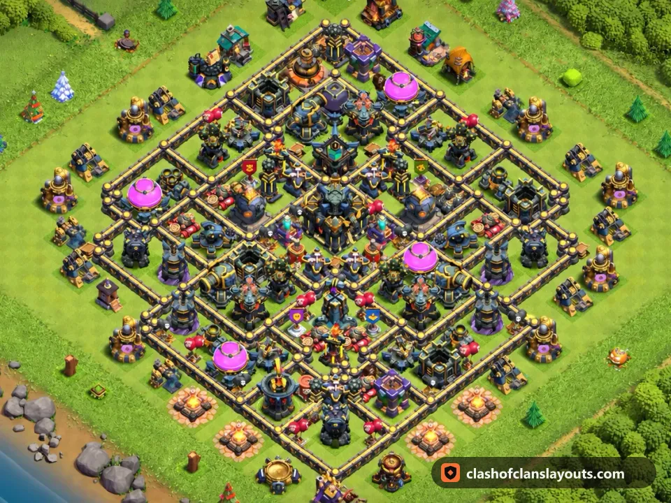 TH17 Hybrid Base Layout 19: Clash of Clans Town Hall 17 hybrid base layout, full base picture