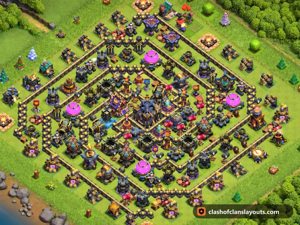 TH17 Hybrid Base Layout 20: Clash of Clans Town Hall 17 hybrid base layout, full base picture