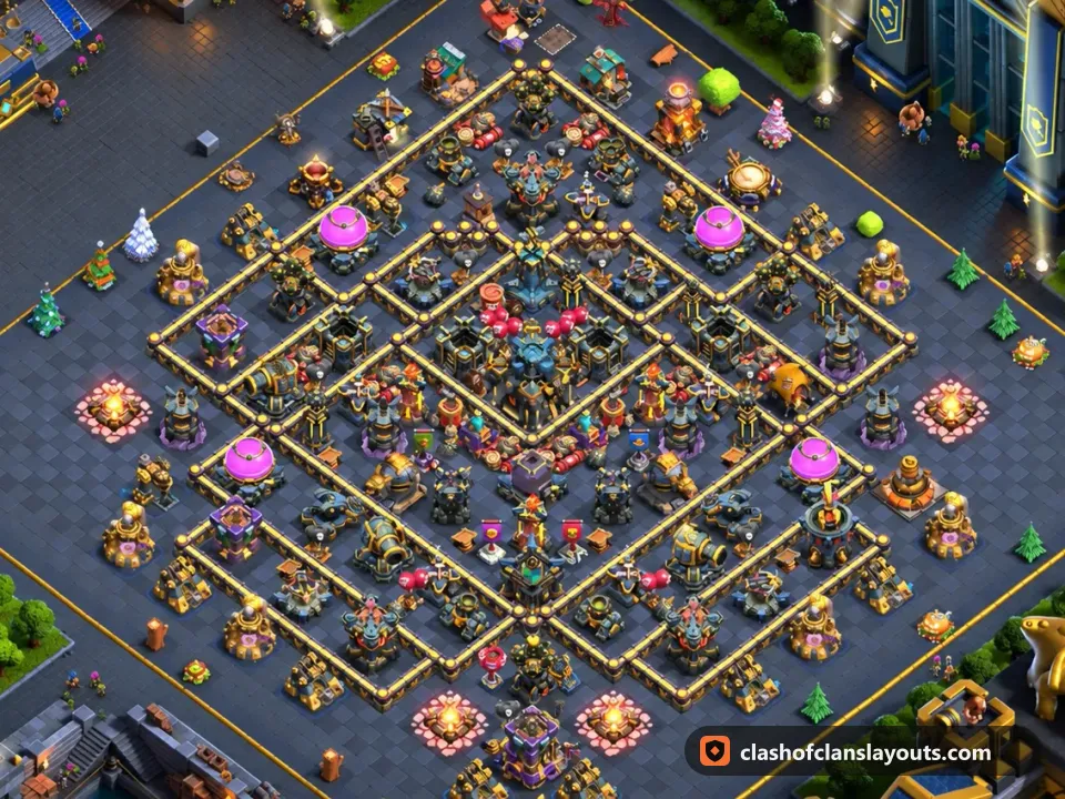 TH17 Hybrid Base Layout 21: Clash of Clans Town Hall 17 hybrid base layout, full base picture