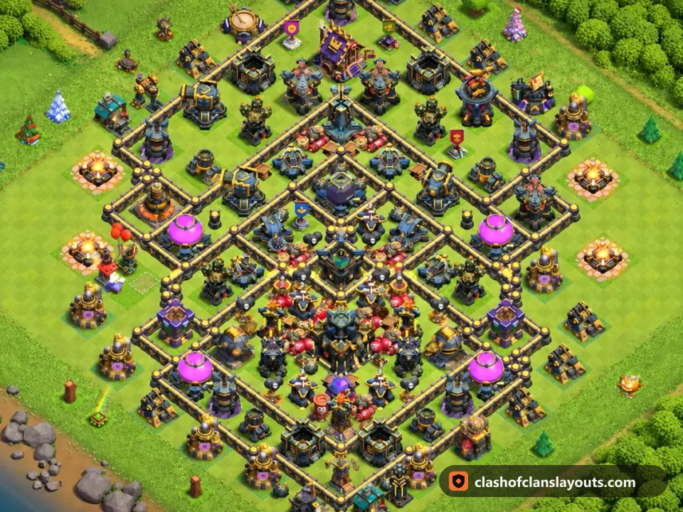 TH17 Hybrid Base Layout 23: Clash of Clans Town Hall 17 hybrid base layout, full base picture